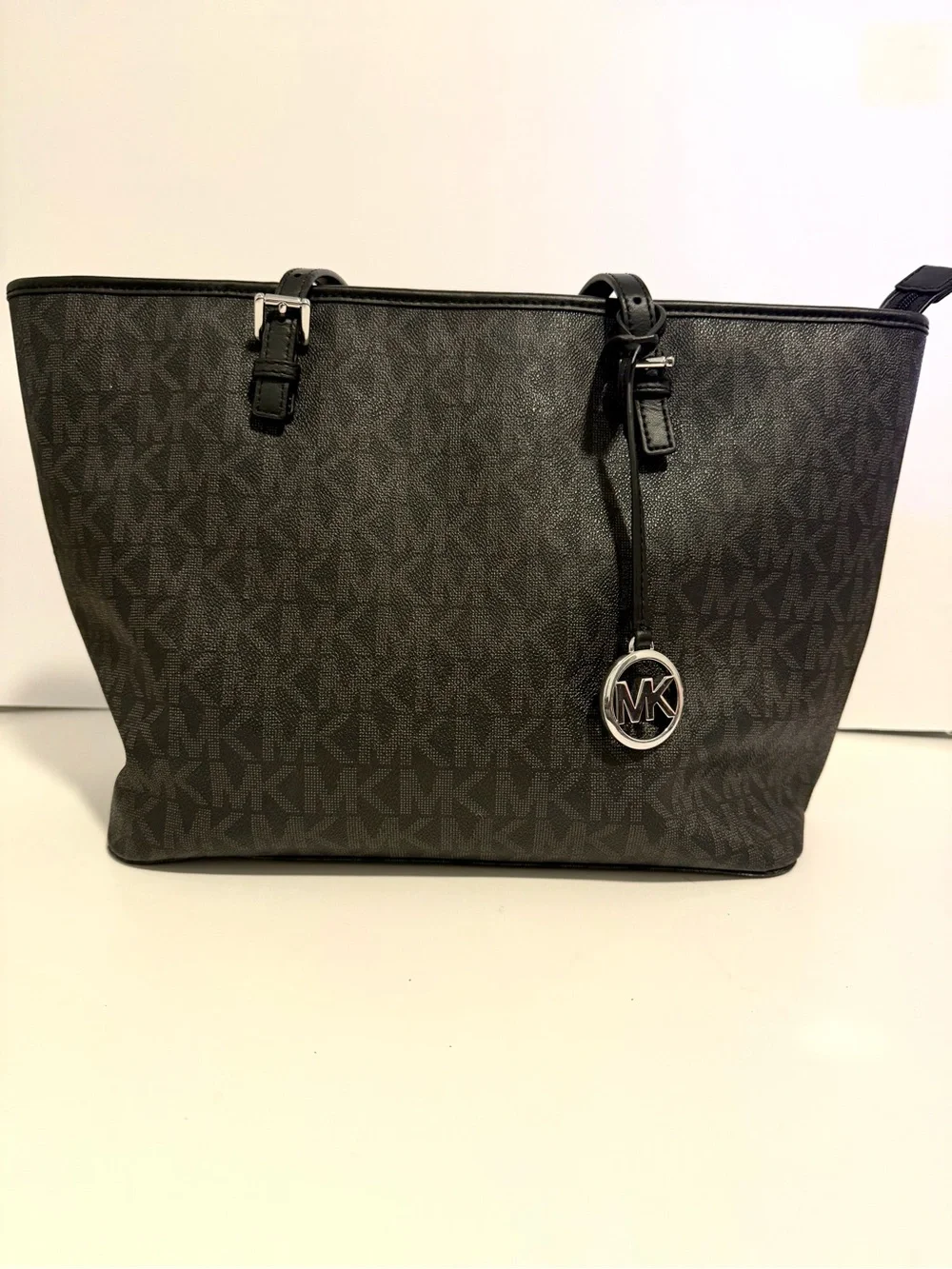 Michael Kors Black MK Signature Tote with Silver Charm